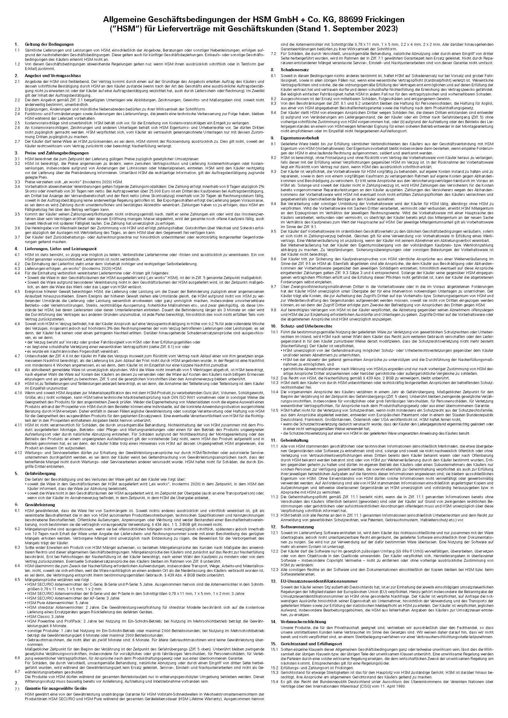 Allgemeine Geschäftsbedingungen HSM