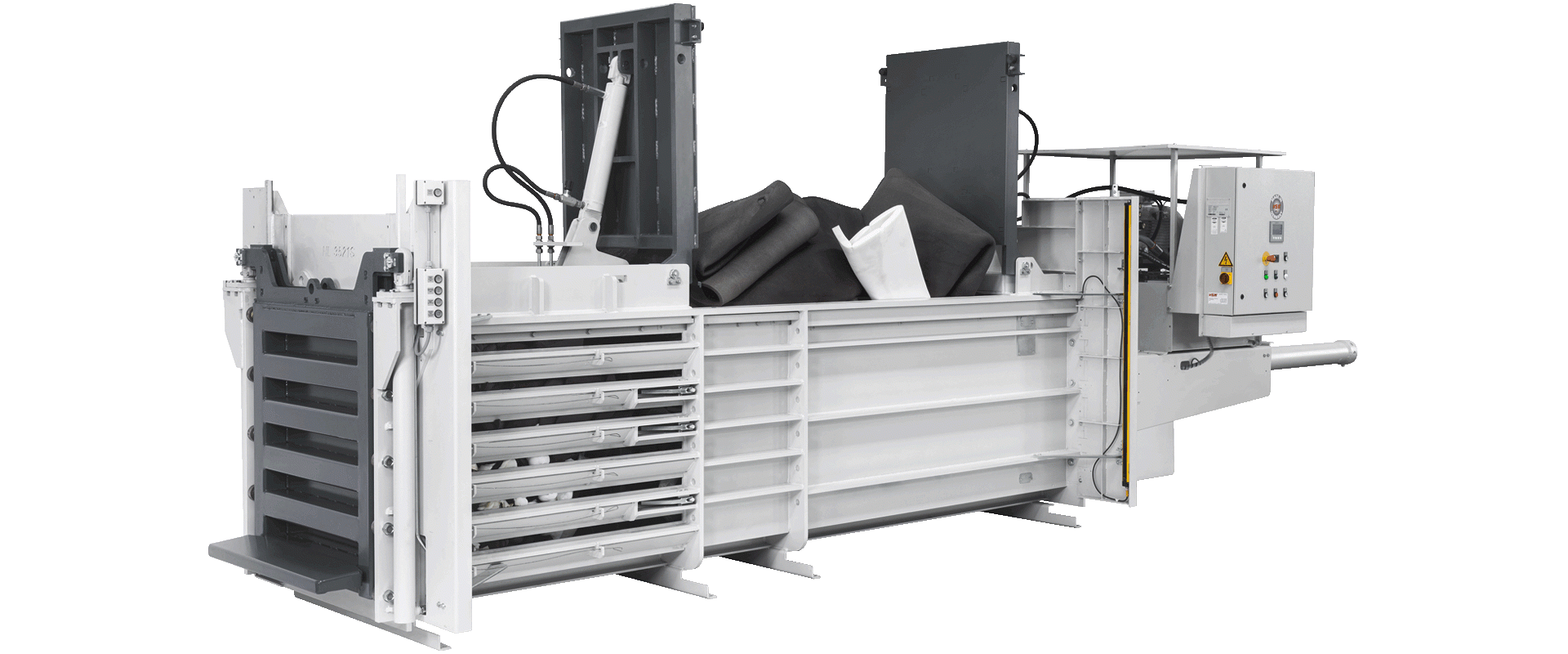 Darstellung Horizontalballenpresse HL 3521 mit geöffneten Klappen und eingelegten Textilbahnen